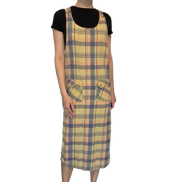 Vintage Overall Dress Plaid 1990s Casual Cotton Linen Summer Fun Size Medium - Picture 6 of 6